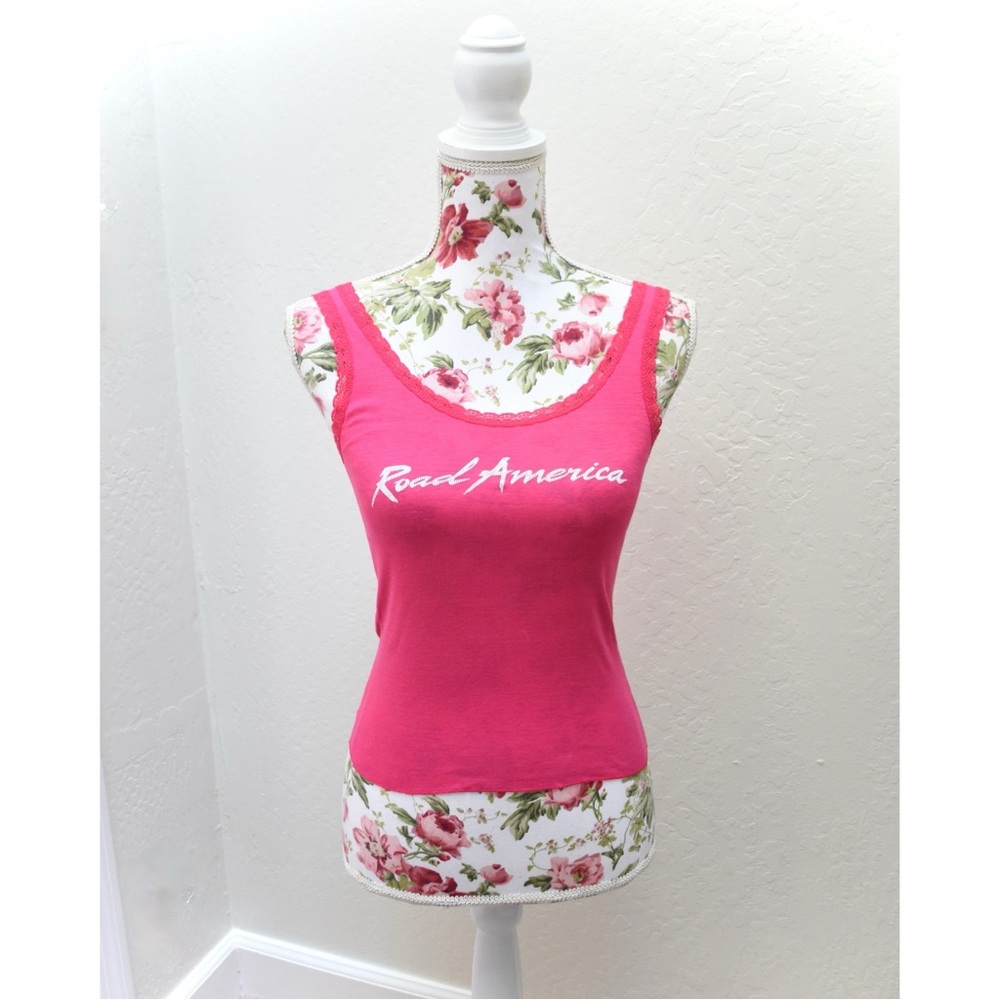 Vintage 80s Road America Souvenir Lace Trim Hot Pink Ribbed Tank Top